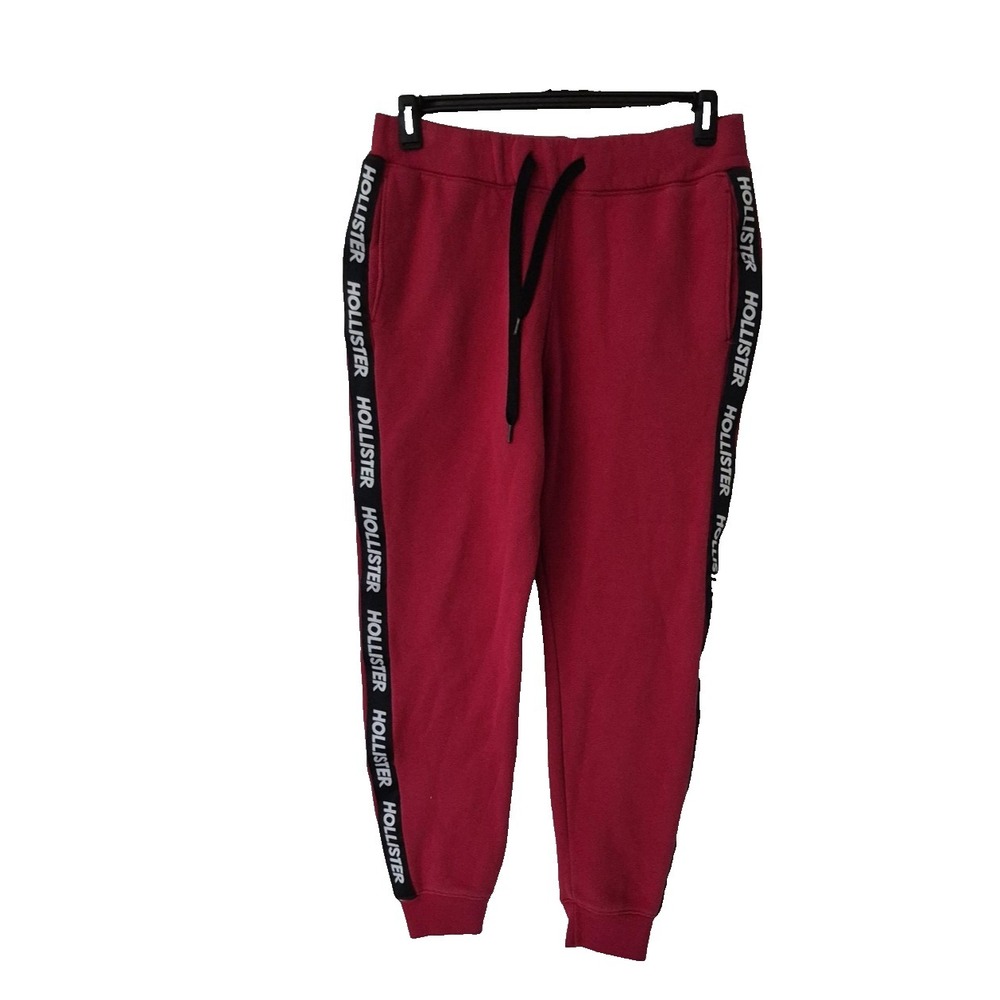 Hollister Pants Mens Medium Red Fleece Jogger Logo Tape Elastic Drawstring Waist